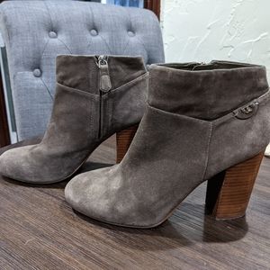 Tory Burch Fulton Gray Suede Ankle Bootie Block wood heel round toe boots rubber